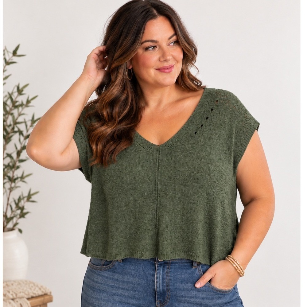 Apt. 9 Sage Olive Green, Boxy,  Short Sleeve Knit‎ Sweater - XXL